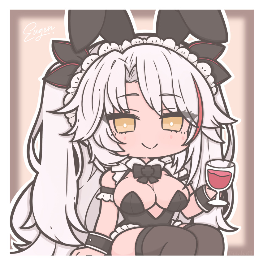 1girl, animal_ear_hairband, animal_ears, armband, artist_name, azur_lane, black_leotard, black_thighhighs, blurry, blurry_background, blush, border, breasts, character_name, chibi, chibi_only, cleavage, closed_mouth, commentary, cross, cup, drinking_glass, fake_animal_ears, frilled_armband, frilled_hairband, frilled_leotard, frills, futaba_(anti_clockwise), glass, hair_between_eyes, hairband, highres, holding, holding_cup, iron_cross, large_breasts, leotard, long_hair, looking_at_viewer, multicolored_hair, nejikirio_(style), official_alternate_costume, playboy_bunny, prinz_eugen_(azur_lane), prinz_eugen_(between_tipsiness_and_a_wager)_(azur_lane), rabbit_ear_hairband, rabbit_ears, red_hair, red_streaks, sitting, smile, solo, streaked_hair, untranslatable_commentary, thighhighs, thighs, two_side_up, undersized_breast_cup, very_long_hair, white_border, white_hair, white_wrist_cuffs, wine_glass, wrist_cuffs, yellow_eyes