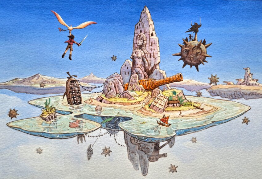 1boy, absurdres, bird, boat, commentary_request, flying, grandia, grandia:_parallel_trippers