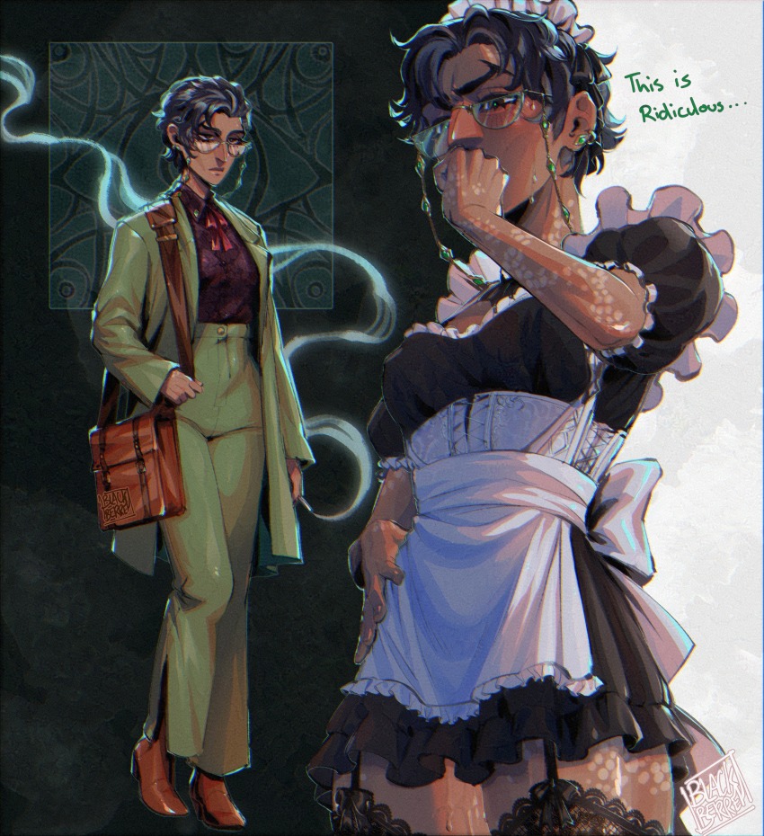 1girl, absurdres, apron, aquiline_nose, blackberreh-art, blush, bow, commentary, dark_skin, earrings, english_commentary, eyewear_strap, formal_clothes, genderswap, glasses, green_pupils, grey_hair, highres, jewelry, jonathan_sims, lace, lace-trimmed_thighhighs, lace_trim, lips, maid, maid_apron, maid_headdress, male_focus, nose, scar, scar_on_neck, shirt, suit, sweat, the_magnus_archives, thighhighs
