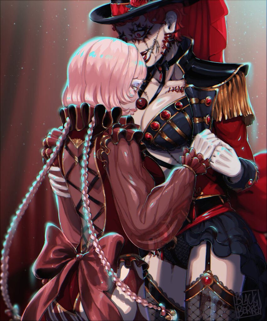 2girls, absurdres, ass, beaded_eyelashes, blackberreh-art, blood, bow, braid