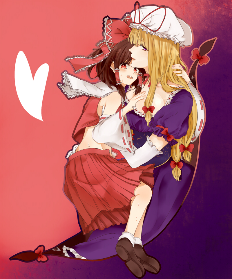 2girls, bad_id, bad_pixiv_id, bare_shoulders, blonde_hair, blush, bow, breasts, brown_hair, chidori_100, cleavage, corset, detached_sleeves, dress, elbow_gloves, female_focus, gap_(touhou), gloves, hair_bow, hair_tubes, hakurei_reimu, hat, hat_ribbon, heart, hug, japanese_clothes, large_breasts, long_hair, midriff, miko, multiple_girls, pleated_skirt, purple_eyes, red_eyes, ribbon, short_hair, skirt, sourenkio, touhou, yakumo_yukari, yuri