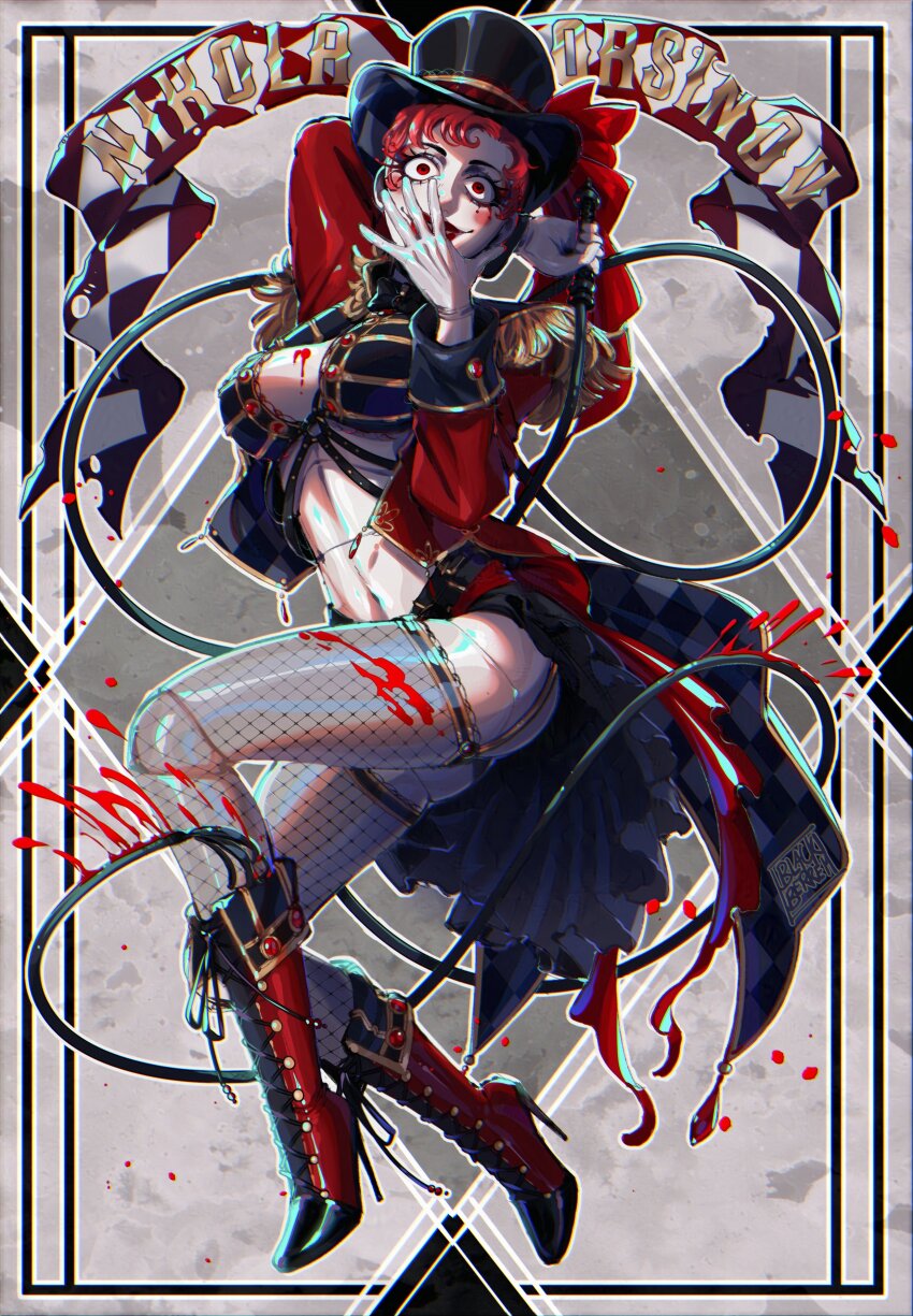 1girl, absurdres, beaded_eyelashes, blackberreh-art, blood, bra, breasts, commentary, design_speculation, doll_joints, english_commentary, eyelashes, fishnet_thighhighs, fishnets, gloves, grin, hat, highres, holding, holding_whip, joints, lips, makeup, mannequin, nikola_orsinov, pale_skin, red_eyes, red_lips, rouge_(makeup), short_hair, smile, solo, the_magnus_archives, thighhighs, top_hat, underwear, very_short_hair, whip, white_gloves