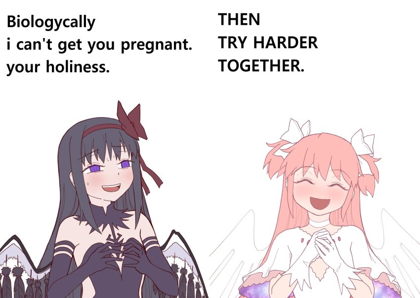 akemi_homura, akuma_homura, bare_shoulders, black_collar, black_dress, black_feathers, black_gloves, black_hair, black_wings, bluecloud, blush, bow, breasts, choker, cleavage_cutout, closed_eyes, closed_mouth, clothing_cutout, collar, commentary, detached_collar, dress, elbow_gloves, english_commentary, english_text, feathered_wings, feathers, gloves, hair_bow, hair_ribbon, hands_up, highres, implied_pregnancy, kaname_madoka, long_hair, mahou_shoujo_madoka_magica, open_mouth, own_hands_together, pink_hair, purple_eyes, red_bow, red_ribbon, ribbon, simple_background, small_breasts, sweatdrop, talking, teeth, ultimate_madoka, upper_body, upper_teeth_only, white_background, white_bow, white_choker, white_dress, white_gloves, white_wing, wings