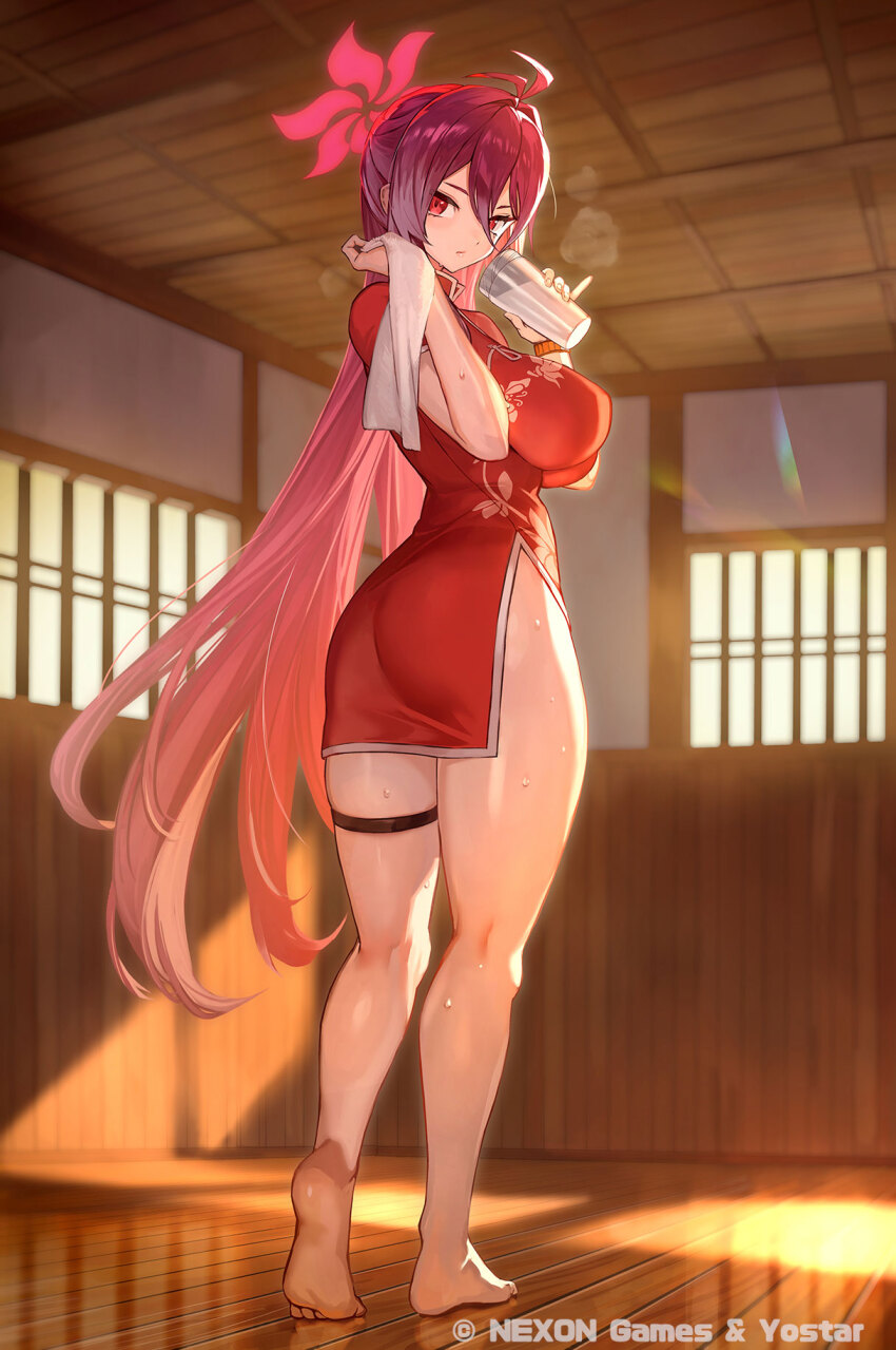 1girl, ass, barefoot, blue_archive, breasts, china_dress, chinese_clothes, commentary_request, copyright_name, cup, dress, feet, from_behind, full_body, hair_bun, halo, highres, holding, holding_cup, lack, large_breasts, legs, long_hair, looking_back, nexon, official_art, red_dress, red_hair, red_halo, reijo_(blue_archive), single_side_bun, soles, solo, sweat, thigh_strap, thighs, toes, towel, yostar