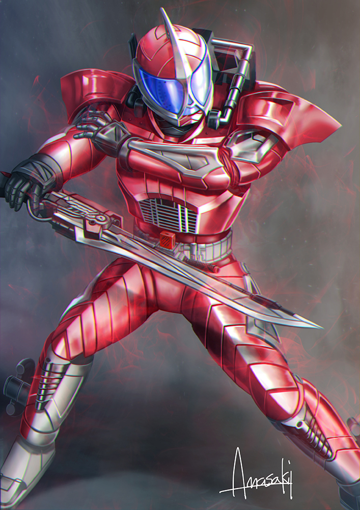 1boy, accel_driver, acceldriver, amasaki_yusuke, armored_boots, black_gloves, blue_visor, bodysuit, boots, commentary_request, engine_blade, gaia_memory, gloves, helmet, holding, holding_sword, holding_weapon, horns, kamen_rider, kamen_rider_accel, kamen_rider_w, red_bodysuit, red_helmet, rider_belt, signature, single_horn, solo, sword, tokusatsu, weapon