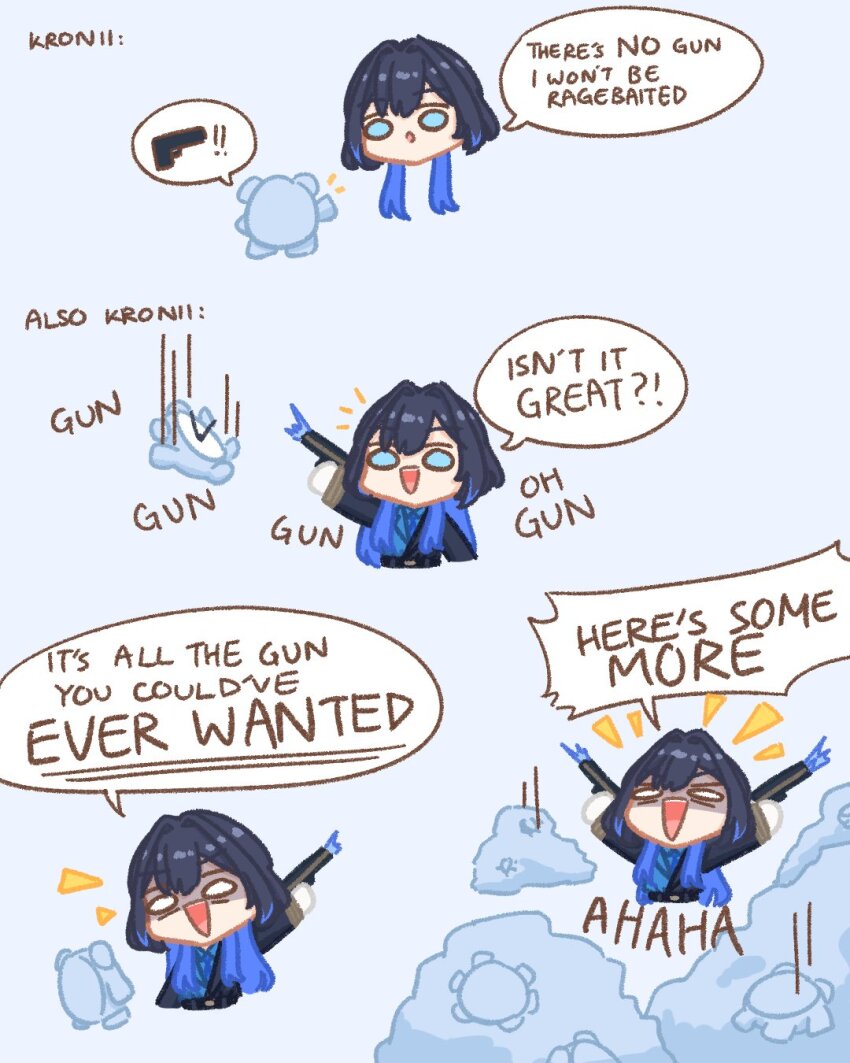 1girl, blue_eyes, blue_hair, commentary, dual_wielding, english_commentary, english_text, formal_clothes