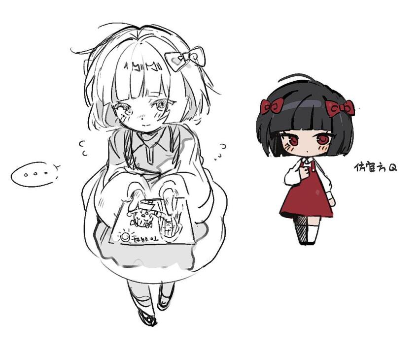 1girl, 66167e3d, aged_down, black_hair, blunt_bangs, blush, bow, chibi