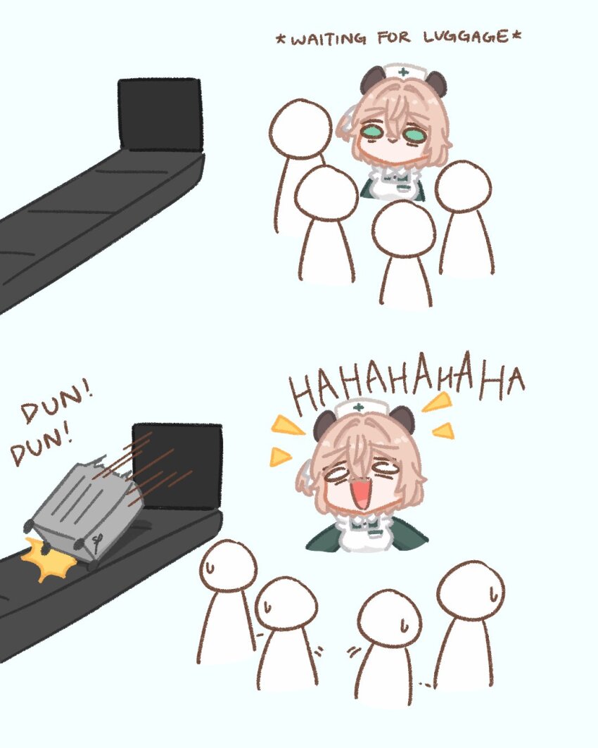 1girl, animal_ears, apron, bags_under_eyes, brown_hair, commentary, english_commentary, green_eyes