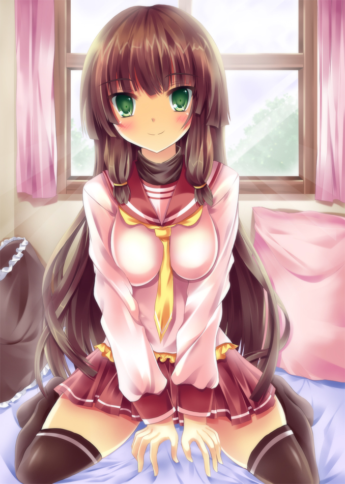 1girl, black_thighhighs, blush, breasts, brown_hair, female_focus, gero-dog, green_eyes