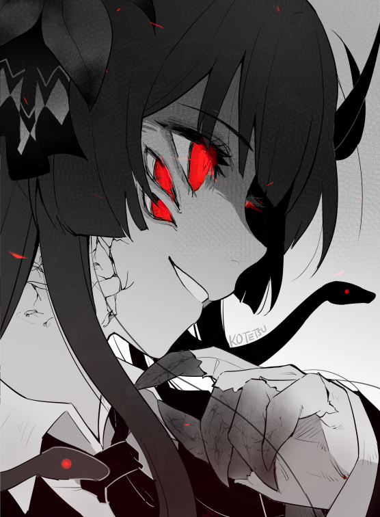 1girl, claws, commentary_request, cracked_skin, dark_persona, extra_eyes, from_side, glowing, glowing_eyes, hand_on_own_chin, kotetsu_080, long_hair, mahou_shoujo_no_majo_saiban, nikaido_hiro, parted_lips, portrait, profile, red_eyes, smile, snake_hair, solo, spoilers, spot_color, witch_(manosaba)