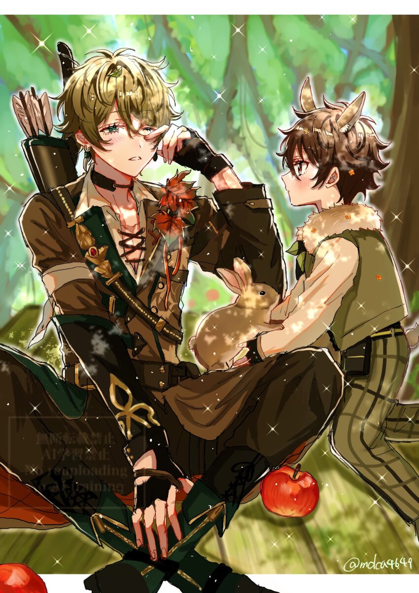 2boys, aged_down, aki_no_mori_(ensemble_stars!), animal_ears, apple, arcadian_(ensemble_stars!), arrow_(projectile), black_gloves, boots, brown_eyes, brown_hair, child, closed_mouth, collared_shirt, commentary_request, deer_boy, deer_ears, deer_tail, earrings, ensemble_stars!, extra_ears, fingerless_gloves, fingernails, food, fruit, fur_trim, gloves, green_eyes, hand_up, highres, hoop_earrings, indian_style, jewelry, leaf, leaf_on_head, long_sleeves, looking_at_another, male_focus, morisawa_chiaki, multiple_boys, official_alternate_costume, one_eye_closed, pants, parted_lips, rabbit, rubbing_eyes, shirt, short_hair, sitting, tail, takamine_midori, takeda_(mdca4649), tree, twitter_username, watermark, zipper_pull_tab