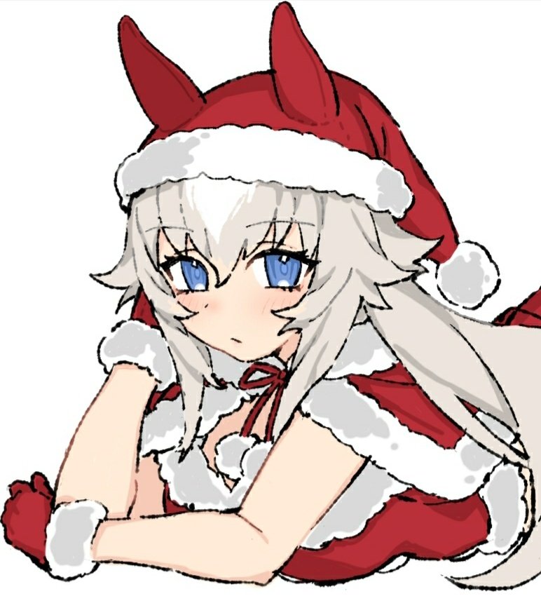 1girl, animal_ears, blue_eyes, capelet, christmas, commentary, commonmae, elbow_rest, english_commentary, expressionless, fur-trimmed_capelet, fur-trimmed_gloves, fur-trimmed_shirt, fur_trim, gloves, grey_hair, hair_flaps, hand_on_own_cheek, hand_on_own_face, hat, horse_ears, horse_girl, long_hair, looking_at_viewer, lying, multicolored_hair, oguri_cap_(umamusume), on_stomach, pom_pom_(clothes), santa_costume, santa_hat, shirt, solo, umamusume, white_hair