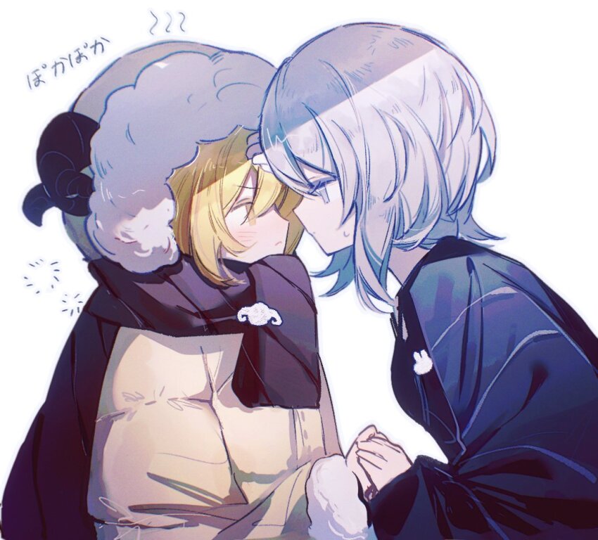 2girls, black_scarf, blonde_hair, blue_eyes, blush, chinese_clothes, don_quixote_(project_moon), faust_(project_moon), fur-trimmed_hood, fur-trimmed_sleeves, fur_trim, hand_on_another's_head, heishou_pack-mao_branch_(identity)_(project_moon), heishou_pack-wei_branch_(identity)_(project_moon), holding_hands, hood, horns, jacket, kan_084, limbus_company, long_sleeves, looking_at_another, multiple_girls, project_moon, scarf, sheep_girl, sheep_horns, short_hair, sweat, sweatdrop, white_hair, yellow_eyes