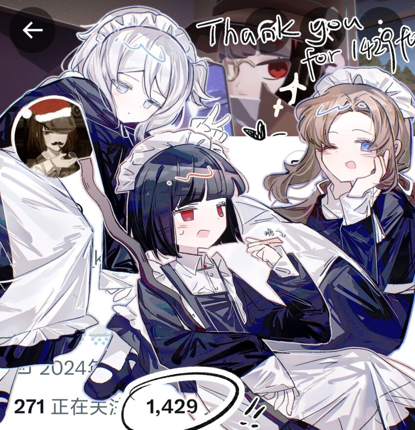 3girls, apron, black_dress, black_hair, black_shoes, blue_eyes, blush, broom