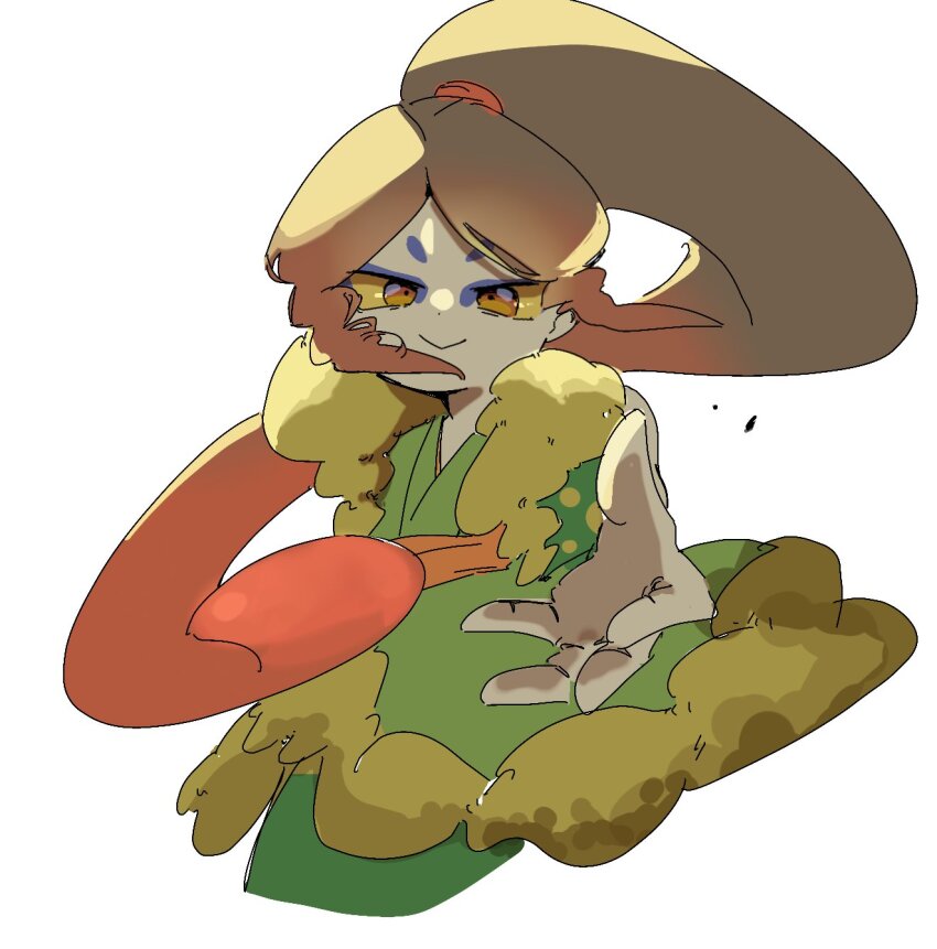 1boy, blue_eyeshadow, brown_eyes, brown_hair, colored_sclera, commentary_request, eyeshadow, ffr3ydgktl77985, highres, japanese_clothes, long_hair, looking_at_viewer, makeup, oogama_(youkai_watch), pale_skin, ponytail, reaching, reaching_towards_viewer, simple_background, solo, white_background, yellow_sclera, youkai_(youkai_watch), youkai_watch