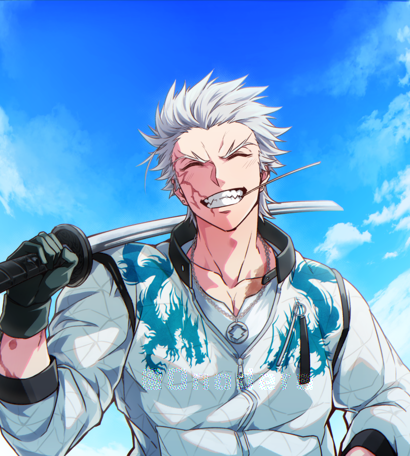 0nodera, 1boy, black_gloves, blue_sky, closed_eyes, collarbone, commentary_request, dragon_print