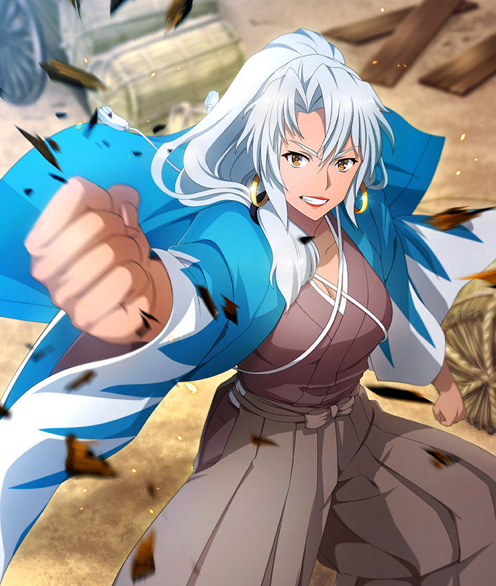 1girl, blue_haori, breaking, breasts, brown_hakama, brown_kimono, cleavage, clenched_hands