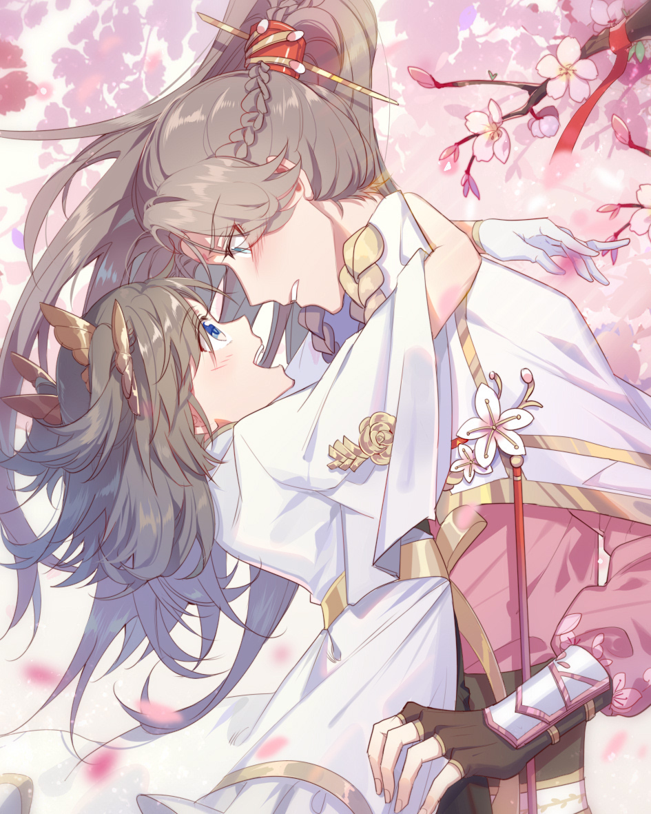 1boy, 1girl, :d, arm_guards, black_gloves, black_sash, blue_eyes, blush