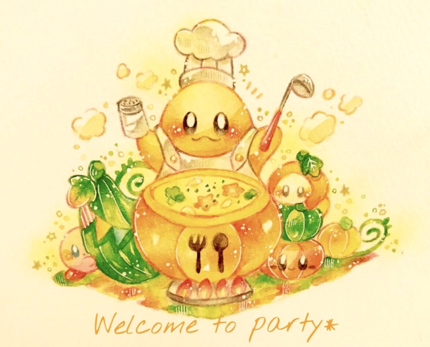 apron, black_eyes, chef_kawasaki, closed_mouth, commentary, commentary_request, cooking_pot, english_commentary