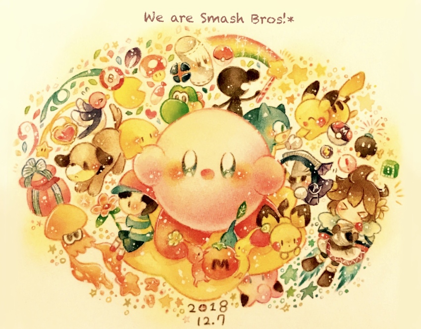 >_<, 2boys, black_hair, blue_pikmin, bob-omb, brown_hair, commentary_request, dated