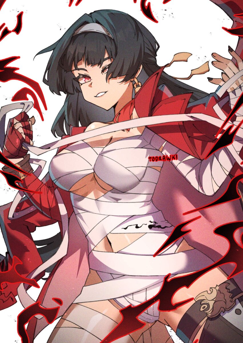 1girl, alternate_costume, astra_yao, bandaged_chest, bandaged_hand, bandaged_torso, bandages, black_hair, blade_(elation)_(honkai:_star_rail), blade_(honkai:_star_rail), bracelet, breasts, commentary, cosplay, cowboy_shot, cut_bangs, earrings, english_commentary, hair_ornament, headband, highres, honkai:_star_rail, honkai_(series), jacket, jewelry, large_breasts, long_hair, mihoyo, mole, nail_polish, navel, open_clothes, open_jacket, red_eyes, red_jacket, single_earring, single_thighhigh, smile, tassel, thighhighs, very_long_hair, wokiiarts, zenless_zone_zero