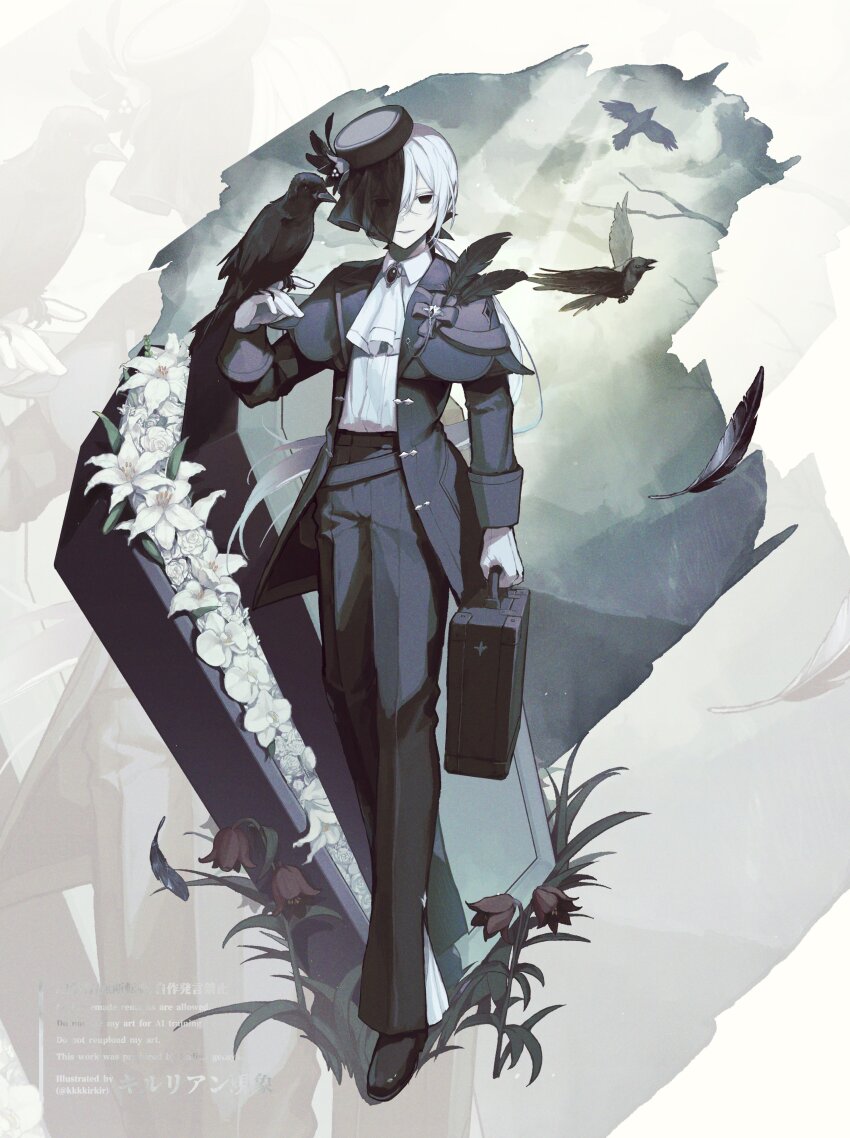 1boy, absurdres, androgynous, arm_at_side, ascot, bird, bird_on_hand, black_bow