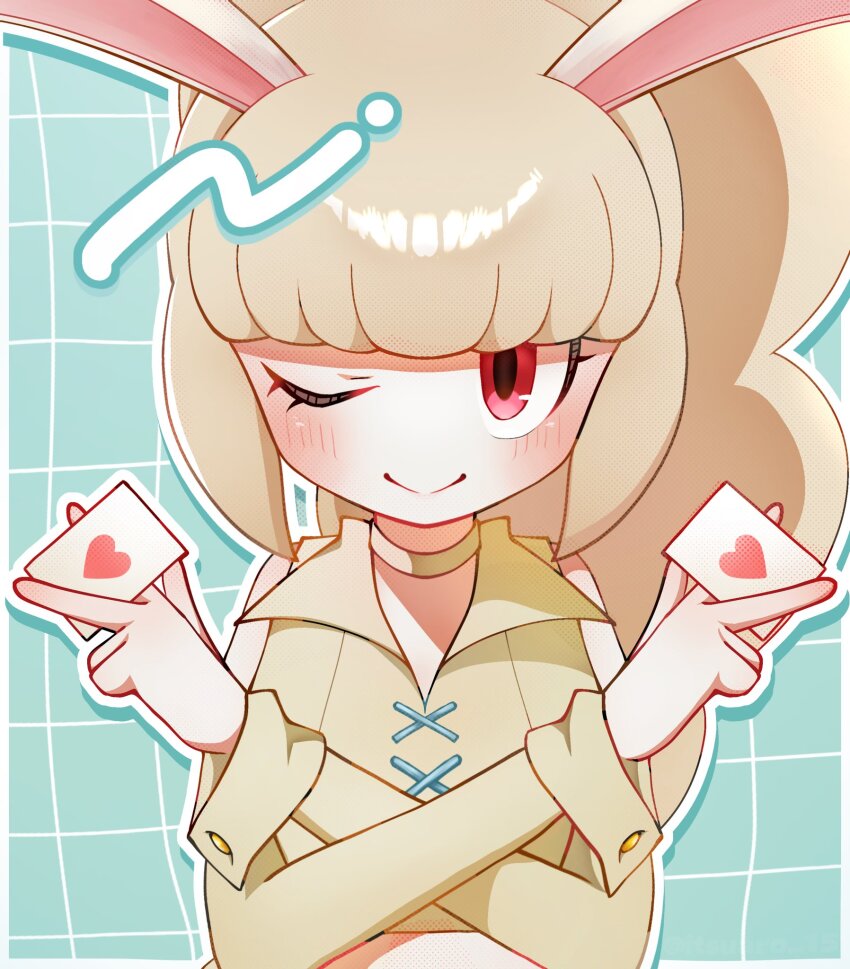 1girl, animal_ears, blonde_hair, card, choker, commentary_request, grid_background, highres, holding, holding_card, itsuaro_15, long_hair, looking_at_viewer, one_eye_closed, rabbit_ears, rabbit_girl, red_eyes, shirt, snowrabby, solo, upper_body, white_choker, white_shirt, youkai_(youkai_watch), youkai_watch