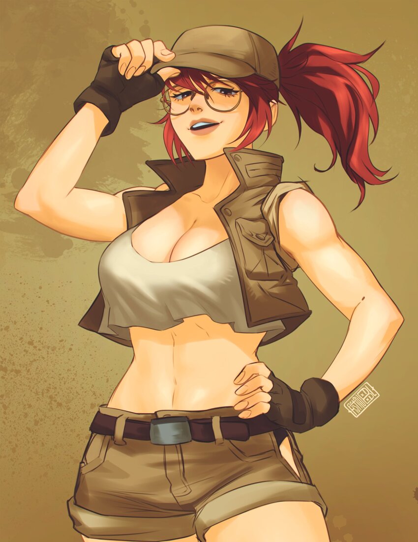 1girl, adjusting_clothes, adjusting_headwear, artist_logo, astrubalart, bare_shoulders, belt, breasts