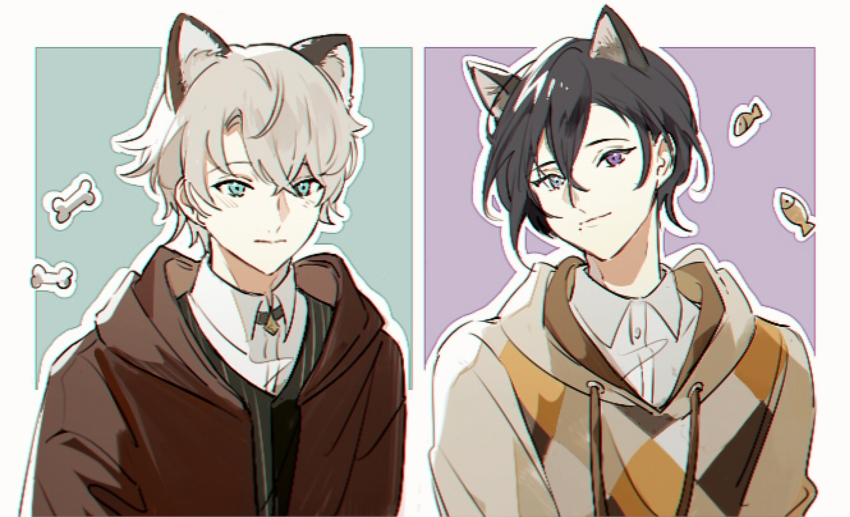 2boys, adrian_aselva_hubrlgy, albert_nomad, animal_ears, aqua_background, aqua_eyes, argyle_hoodie, black_choker