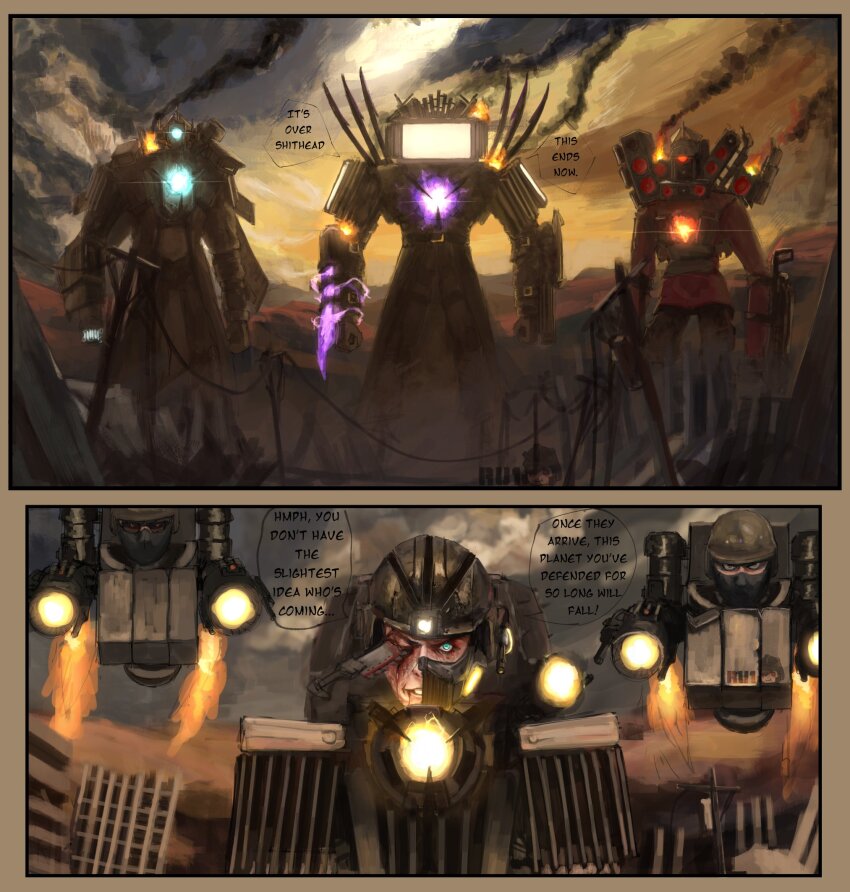 6+boys, arm_cannon, artist_name, battle_damage, black_clouds, black_smoke, burning, camera, cloud, cloud_ruan99543, cloudy_sky, commentary, core, corpse, day, dual_arm_cannons, energy, english_commentary, english_text, fire, floating, flying, g-toilet, glowing, glowing_chest, glowing_weapon, highres, impaled, jetpack, knife, knife_in_eye, knife_in_head, looking_at_viewer, metal_wings, multiple_boys, object_head, object_through_head, post-apocalypse, ruins, shoulder_spikes, skibidi_toilet_(character), skibidi_toilet_(series), sky, smoke, smoke_trail, speaker, speech_bubble, spikes, stab, television, titan_camera_man, titan_speaker_man, titan_tv_man, weapon, wings, wrist_blades