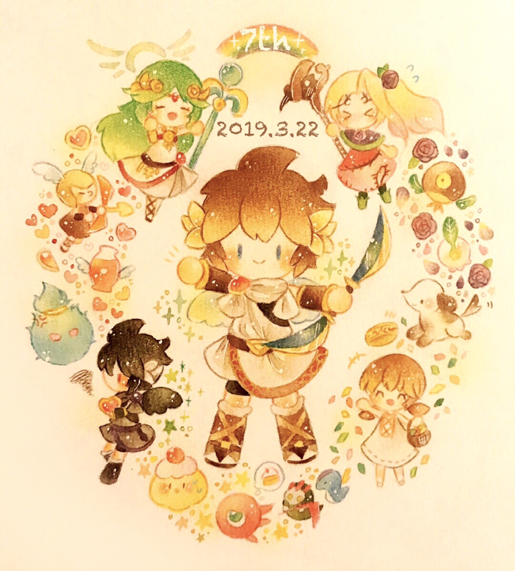 >_<, 2boys, 3girls, anniversary, black_gloves, blonde_hair, bow_(weapon), brown_hair