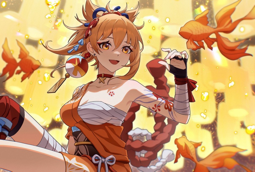 1girl, :d, absurdres, arm_tattoo, bandaged_arm, bandaged_leg, bandages, bare_shoulders