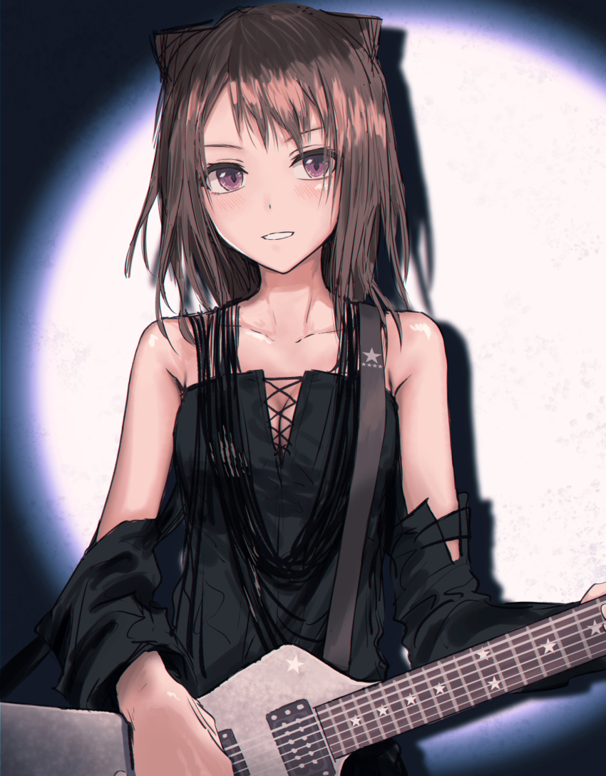 1girl, bang_dream!, bang_dream!_girls_band_party!, black_dress, black_sleeves, blush, breasts, brown_hair, cleavage, collarbone, commentary, cone_hair_bun, cross-laced_clothes, cross-laced_dress, detached_sleeves, double_bun, dress, electric_guitar, grin, guitar, gunjou_biyori_(tokyo_jihen), hair_bun, hair_ears, highres, holding, holding_guitar, holding_instrument, instrument, looking_at_viewer, medium_breasts, medium_hair, parody, purple_eyes, shiina_ringo, sleeveless, sleeveless_dress, smile, solo, spotlight, tokyo_jihen, toyama_kasumi, upper_body, yukitake_(bullfalk)