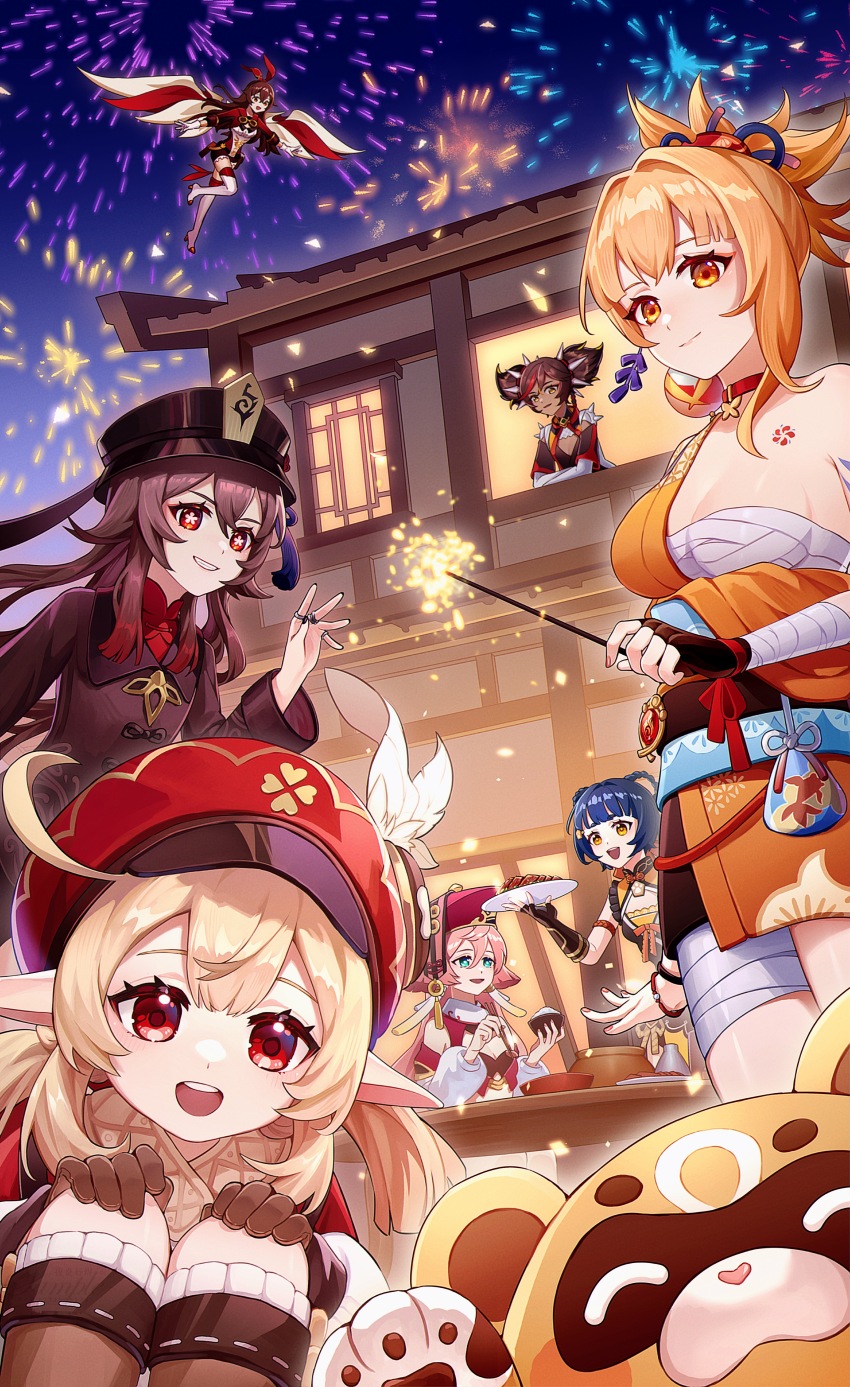 5girls, 6+girls, :d, absurdres, aerial_fireworks, ahoge, amber_(genshin_impact), aqua_eyes