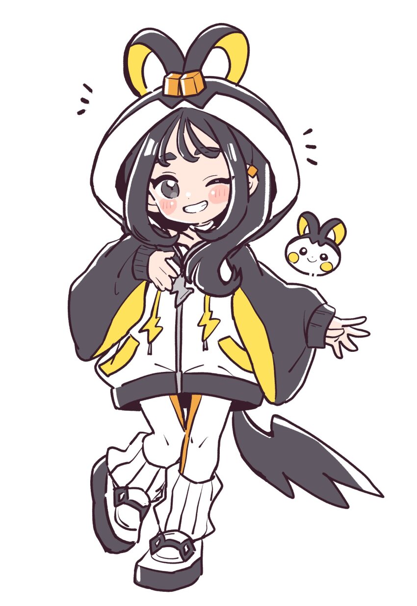1girl, black_hair, blush_stickers, commentary_request, dot_nose, emolga, full_body, gen_5_pokemon