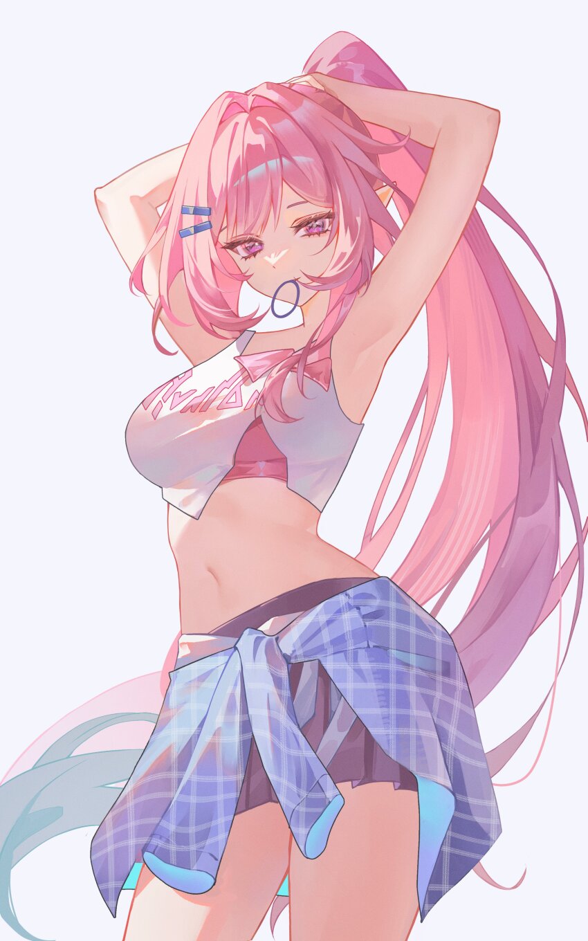 1girl, absurdres, alternate_costume, armpits, arms_up, breasts, clothes_around_waist, commentary, crop_top, cyrene_(demiurge)_(honkai:_star_rail), cyrene_(honkai:_star_rail), cyrene_(nylon_japan)_(honkai:_star_rail), hair_ornament, hair_tie_in_mouth, hairclip, hashtag-only_commentary, highres, honkai:_star_rail, honkai_(series), large_breasts, long_hair, looking_at_viewer, mouth_hold, navel, parallel_hairclips, pink_hair, ponytail, purple_eyes, purple_skirt, shirt, skirt, solo, stomach, very_long_hair, white_shirt, zante_(0xx0xzt)