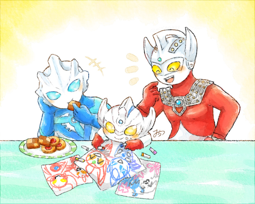 +++, 3boys, ^_^, aged_down, alien, armor, blue_eyes, blue_gem