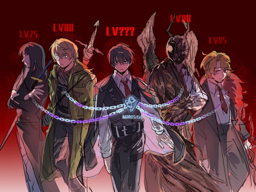 2girls, 3boys, ?, a_certain_sinclair_(project_moon), arthropod_limbs, black_eyes, black_hair, blonde_hair