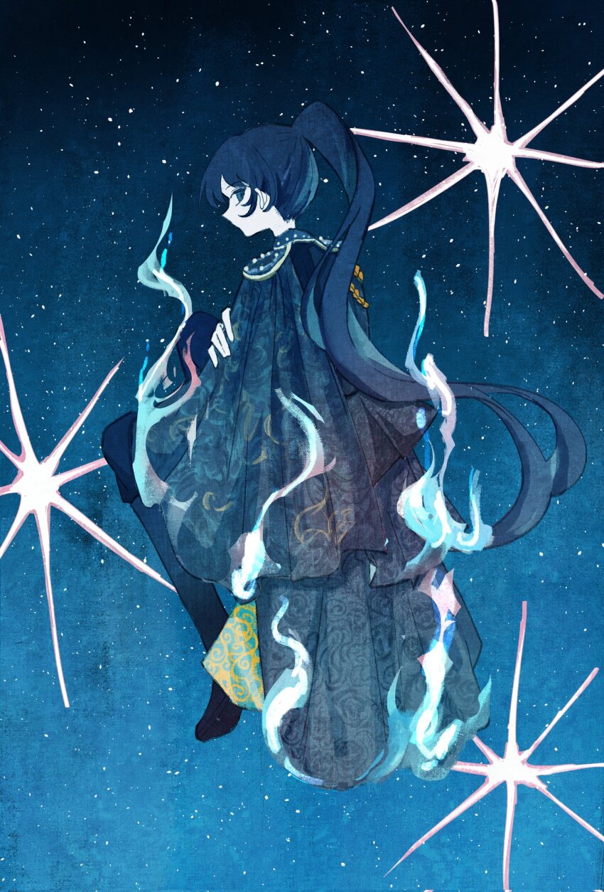 1girl, ado_(utaite), blue_cape, blue_eyes, blue_fire, braid, cape, chando_(ado)