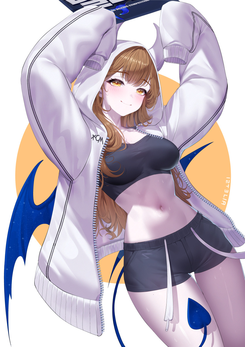 1girl, absurdres, arms_up, black_shirt, black_shorts, black_sports_bra, blush, breasts