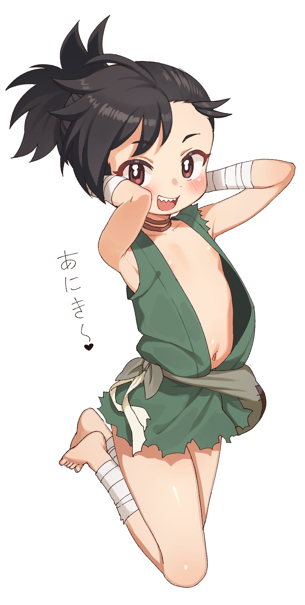 1girl, arms_behind_head, black_hair, brown_eyes, dororo_(character), dororo_(tezuka), flat_chest, funifuchan