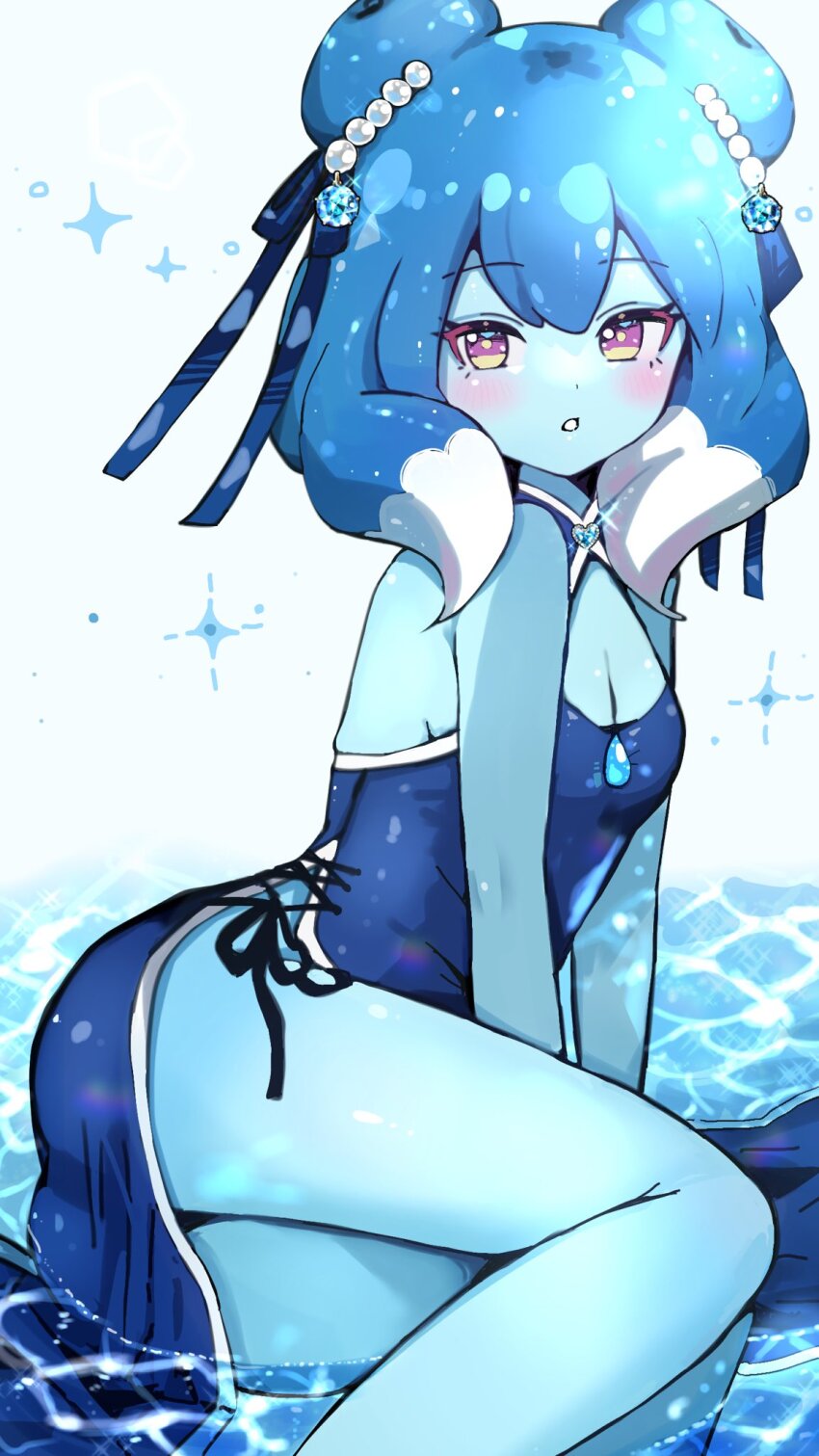 1girl, blue_dress, blue_hair, blue_ribbon, blue_skin, blush, breasts, cleavage