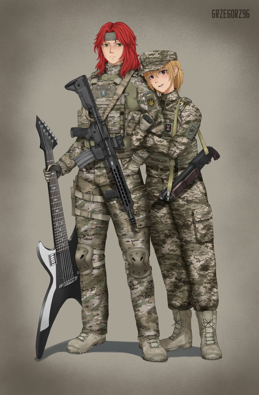 1boy, 1girl, a_song_of_ice_and_fire, absurdres, arm_hug, assault_rifle, azov_battalion, blonde_hair, boots, brown_eyes, camouflage, camouflage_jacket, camouflage_pants, cargo_pants, commentary, commission, couple, death_(band), digital_camouflage, electric_guitar, english_commentary, flag_patch, galician_division, game_of_thrones, green_eyes, grzegorz1996, guitar, gun, hairband, hand_in_pocket, hetero, highres, holding, holding_guitar, holding_instrument, holster, instrument, jacket, kenneth_del_duca, knee_pads, ks-23, load_bearing_vest, long_hair, marichka, military, nazi, open_mouth, original, pants, red_hair, rifle, rubizh_regiment, russo-ukrainian_war, serious, shotgun, smile, tactical_gloves, thigh_holster, tryzub, uar-15, ukrainian_flag, weapon