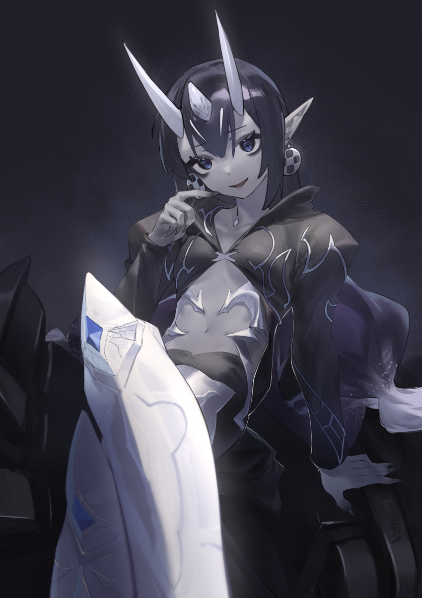 absurdres, arm_support, black_eyes, black_hair, black_shirt, breasts, collarbone, commentary