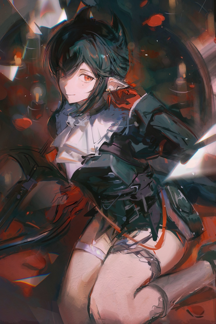 1girl, absurdres, adjusting_earrings, arknights, arm_support, ascot, belt, black_belt