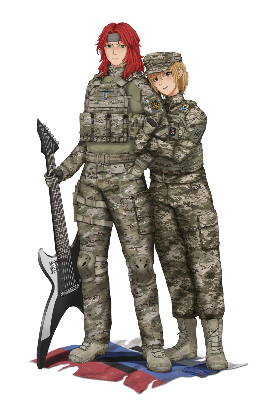 1boy, 1girl, a_song_of_ice_and_fire, absurdres, arm_hug, azov_battalion, beanie, blonde_hair