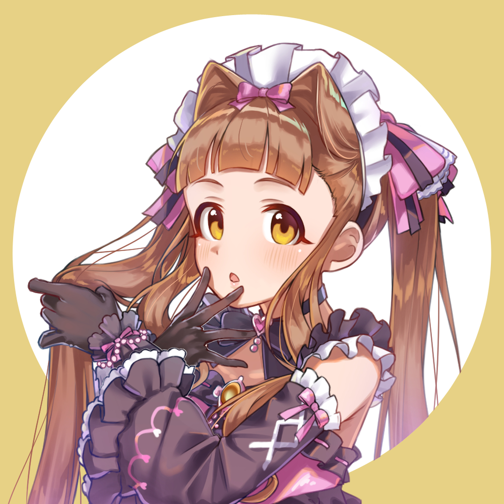 1girl, black_dress, black_gloves, blunt_bangs, bow, brown_hair, commentary_request, detached_sleeves