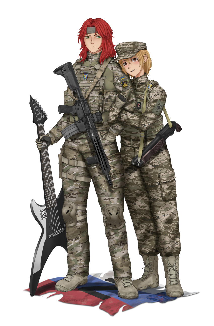 1boy, 1girl, a_song_of_ice_and_fire, absurdres, arm_hug, assault_rifle, azov_battalion, beanie