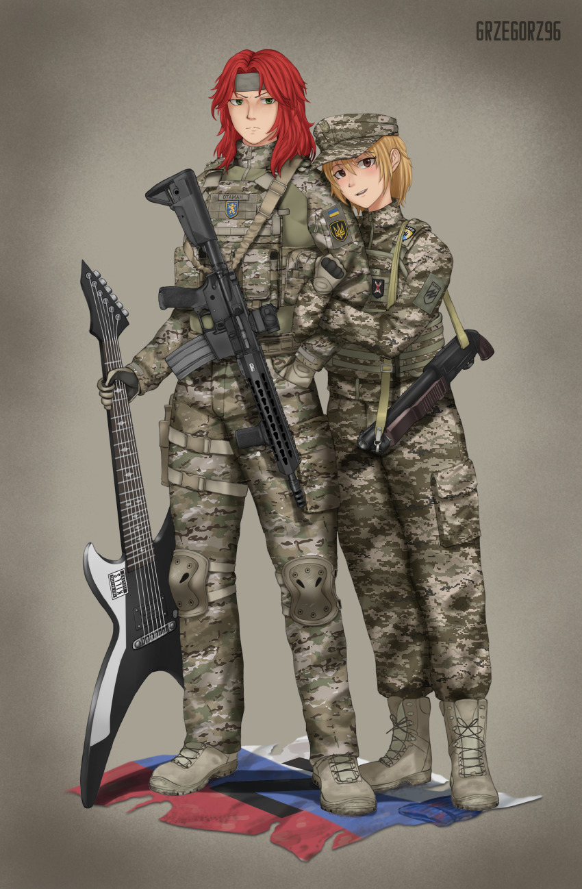 1boy, 1girl, a_song_of_ice_and_fire, absurdres, arm_hug, assault_rifle, azov_battalion, beanie, blonde_hair, blue_hat, boots, brown_eyes, camouflage, camouflage_jacket, camouflage_pants, cargo_pants, commission, commissioner_upload, couple, death_(band), digital_camouflage, electric_guitar, flag_patch, galician_division, game_of_thrones, green_eyes, grzegorz1996, guitar, gun, hairband, hand_in_pocket, hat, hetero, highres, holding, holding_guitar, holding_instrument, holster, instrument, jacket, kenneth_del_duca, knee_pads, ks-23, load_bearing_vest, long_hair, marichka, military, nazi, non-web_source, open_mouth, original, pants, red_hair, rifle, rubizh_regiment, russian_flag, russo-ukrainian_war, serious, shotgun, smile, tactical_gloves, thigh_holster, tryzub, uar-15, ukrainian_flag, weapon, z_(russian_symbol)