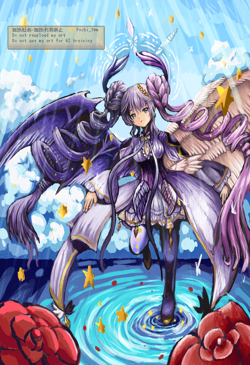 1girl, angel_wings, black_wings, breasts, commentary_request, demon_wings, double_bun, dress